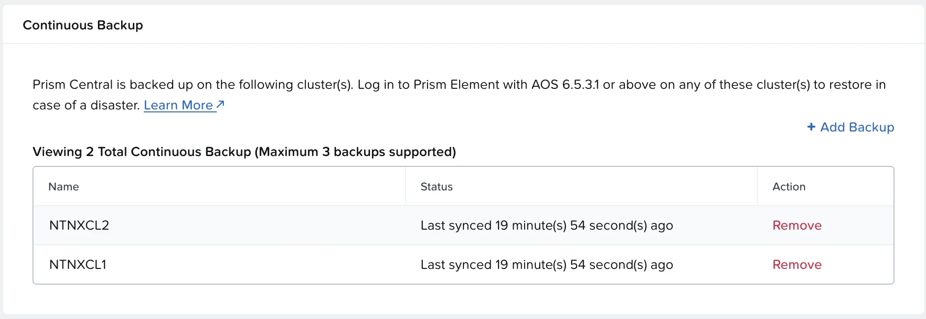 Continuous Backup status showing NTNXCL1 and NTNXCL2 recently synced