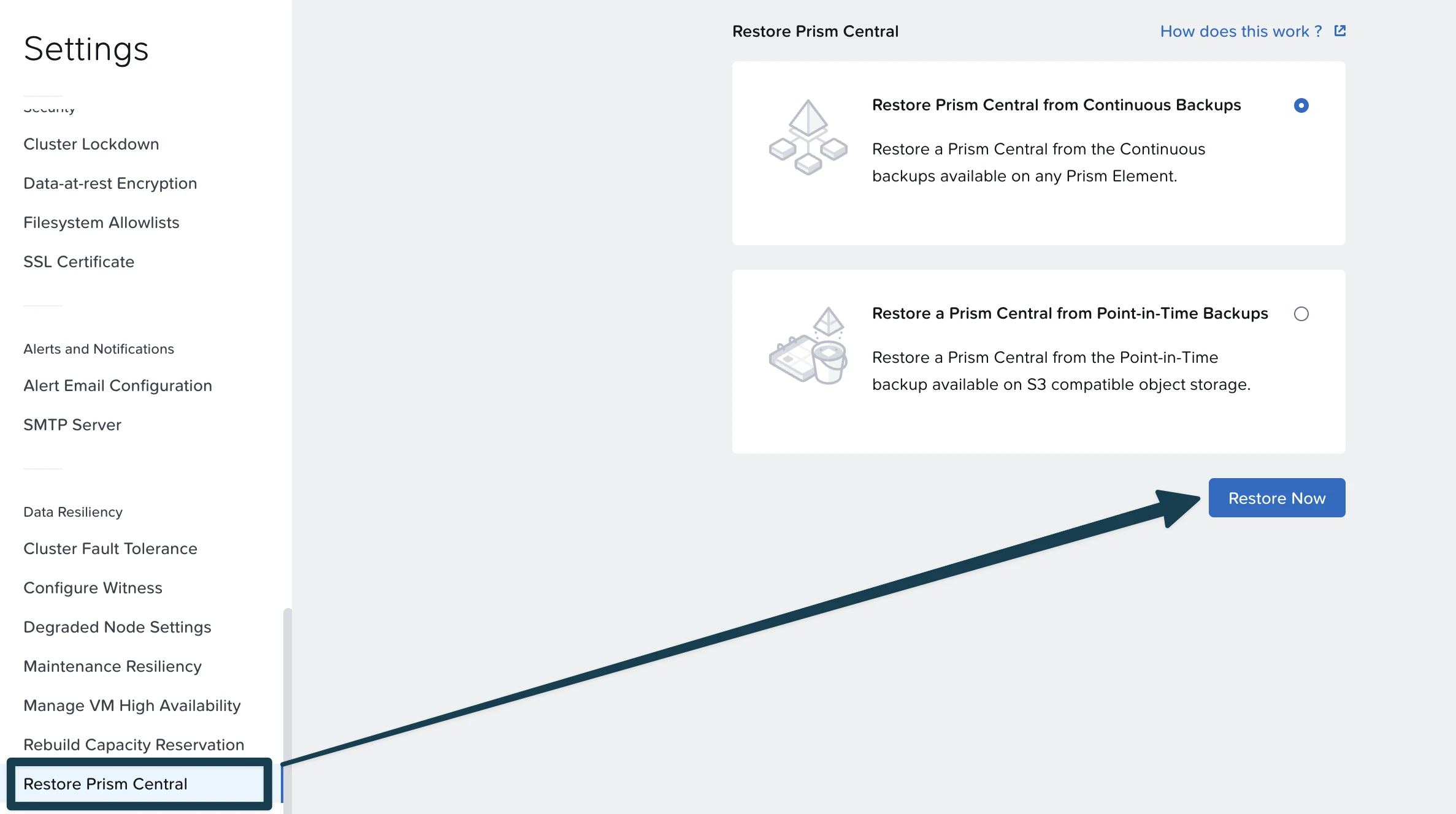 Restore Prism Central page in Prism Element with continuous and point-in-time restore options