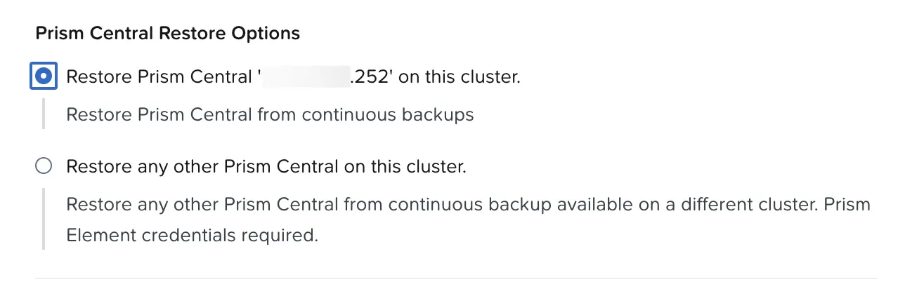 Selecting the destination cluster for the restored Prism Central instance